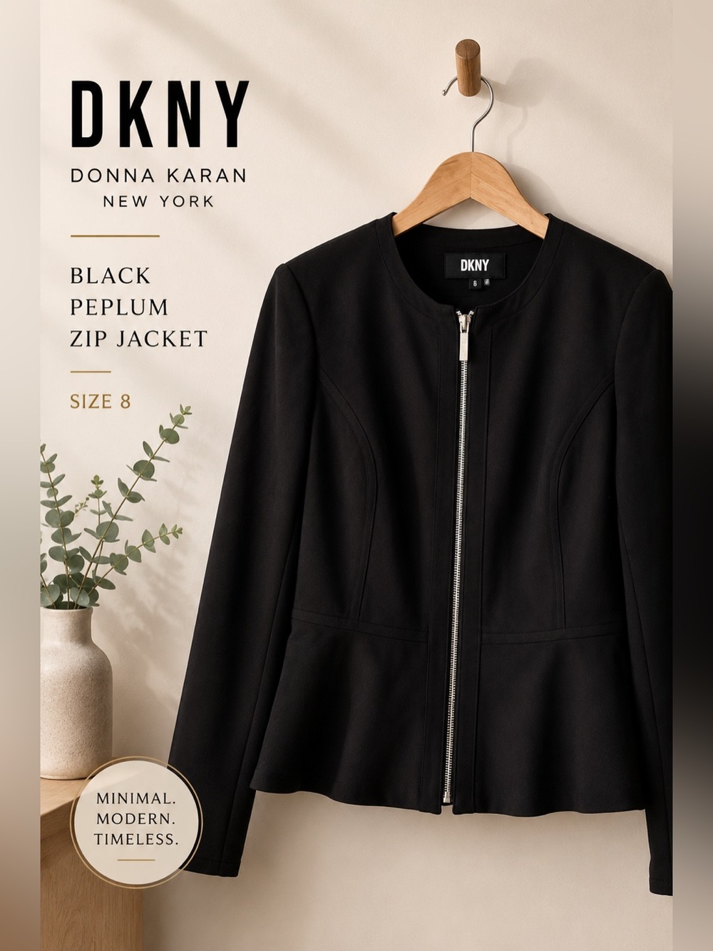 DKNY Black Peplum Zip Front Jacket Size